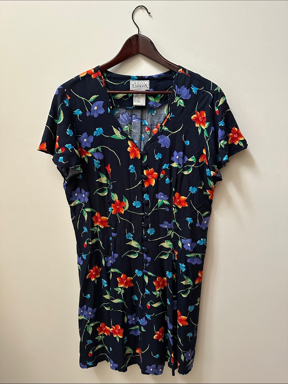 Basic Editions Black Midi Dress with Red and Purple Floral Print